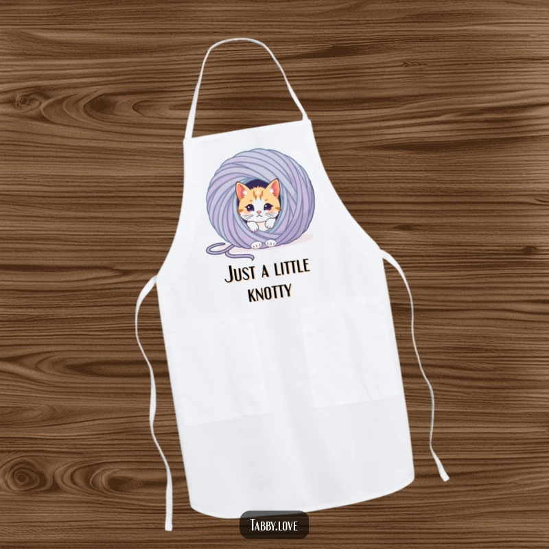 Funny cat apron showing a curious kitten peeking out from a giant ball of yarn, perfect for kitchen antics.