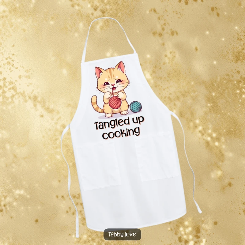 Funny Apron: A mischievous cat batting playfully at a dangling ball of yarn, looking happy while cooking.