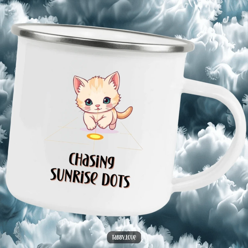 Funny Camping Mug: A playful kitten intensely chasing a red laser pointer dot across a floor outdoors.