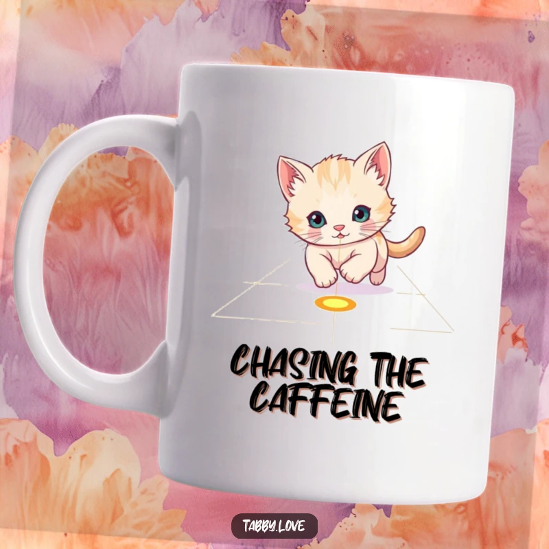 Funny Kitten Mug: A playful kitten excitedly chasing a bright red laser pointer dot across a floor.