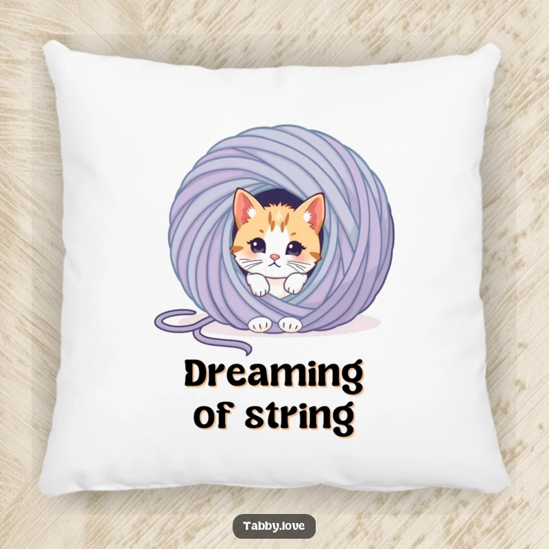 Funny cat pillow with a curious kitten peeking from behind a giant ball of yarn, perfect for adding cozy humor.