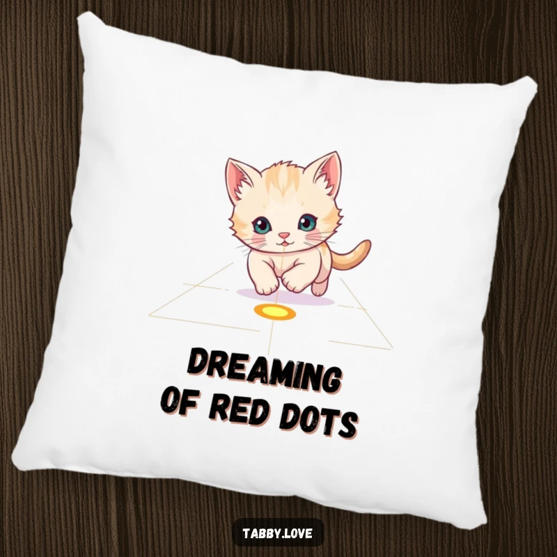 Funny Pillow: A playful kitten chasing a bright red laser pointer dot across a floor, looking determined.