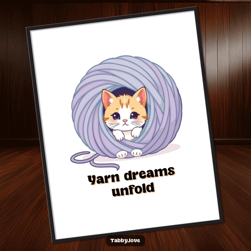 Funny cat digital art print of a curious kitten peeking from behind a giant ball of yarn, adding playful charm.