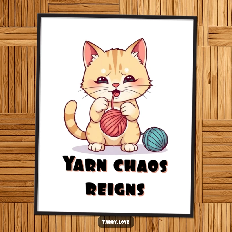 Funny Digital Art: A mischievous cat batting playfully at a dangling ball of yarn, a playful illustration.