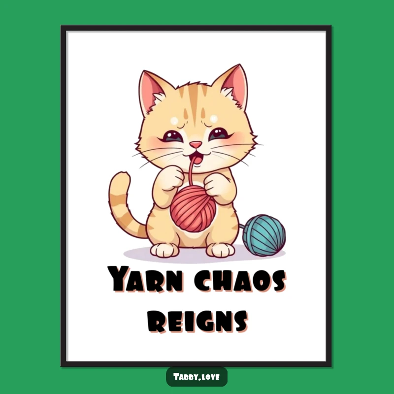 Funny Digital Art: Cat Playing With Yarn, Instant Playful Decor