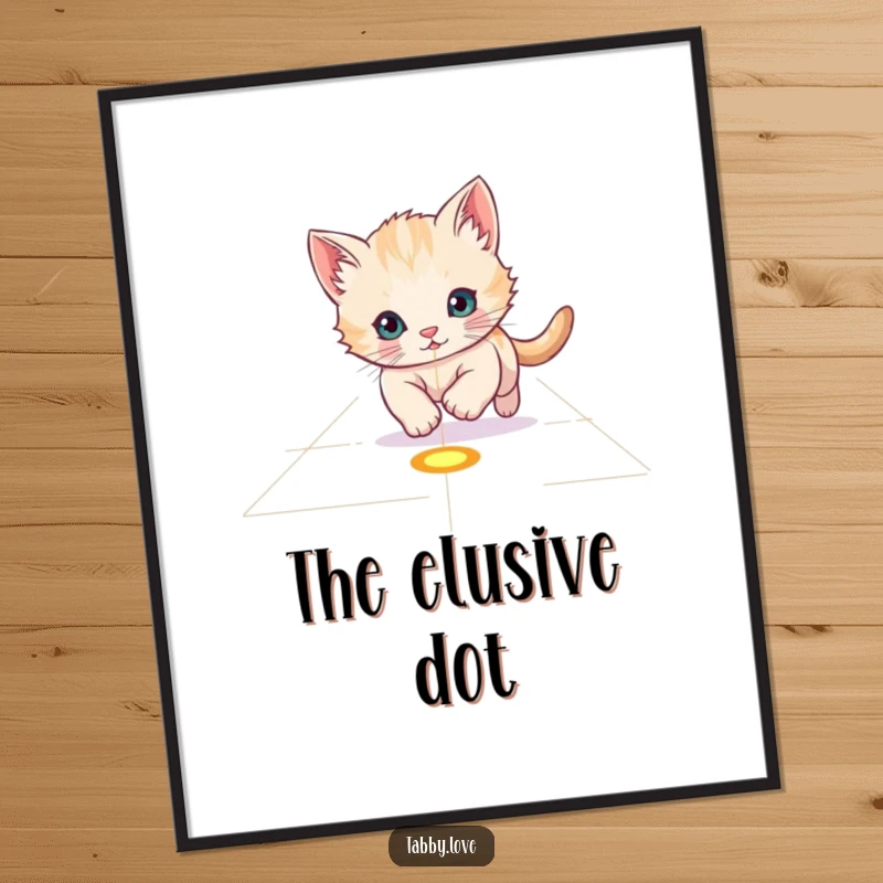 Funny Digital Art: A playful kitten intensely chasing a red laser pointer dot across a floor, a playful illustration.