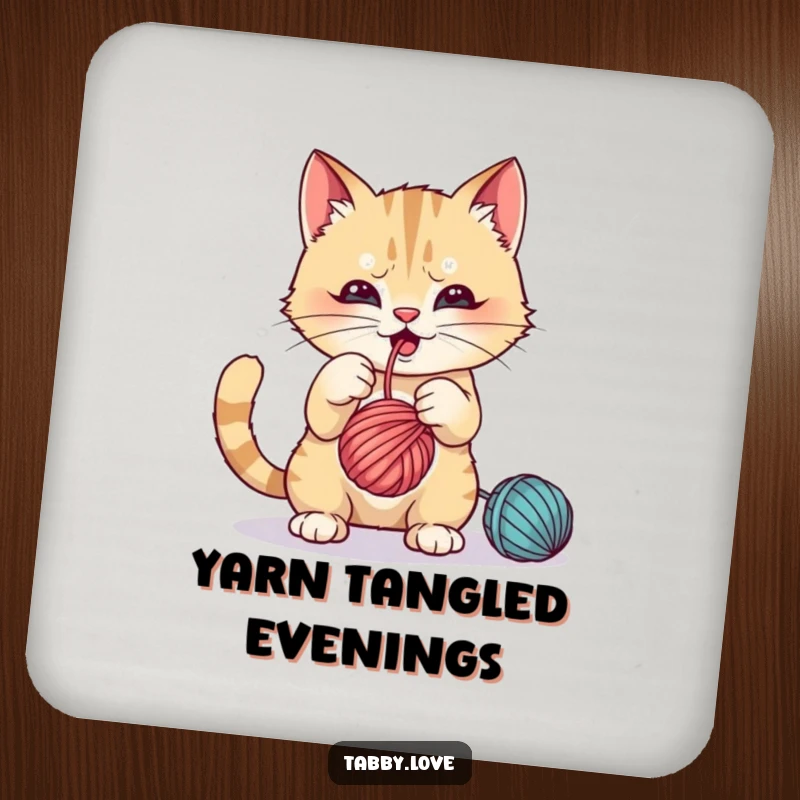 Funny Coasters: A mischievous cat batting playfully at a dangling ball of yarn, protecting drinks.