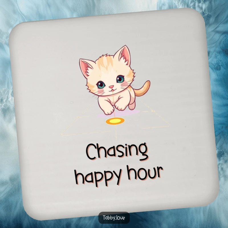 Funny Coasters: A playful kitten intensely chasing a red laser pointer dot across a floor, protecting drinks.