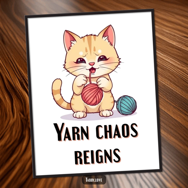 Funny Poster: A mischievous cat batting playfully at a dangling ball of yarn, looking focused and fun.
