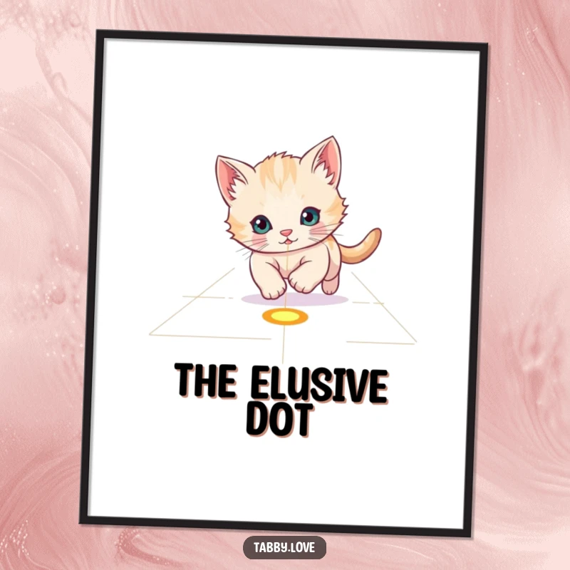 Funny Poster: A playful kitten intensely chasing a red laser pointer dot across a floor with focus.