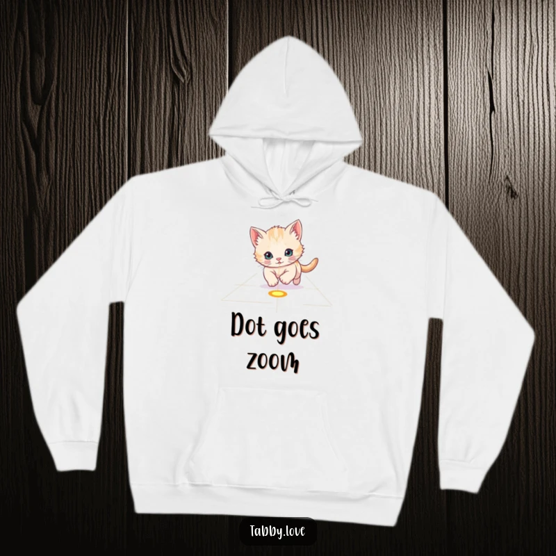 Funny Hoodie: A playful kitten intensely chasing a red laser pointer dot across a floor.