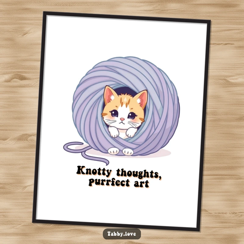 Funny Free Printable Wall Art: A curious cat peeks from behind a massive ball of yarn, full of playful mischief.
