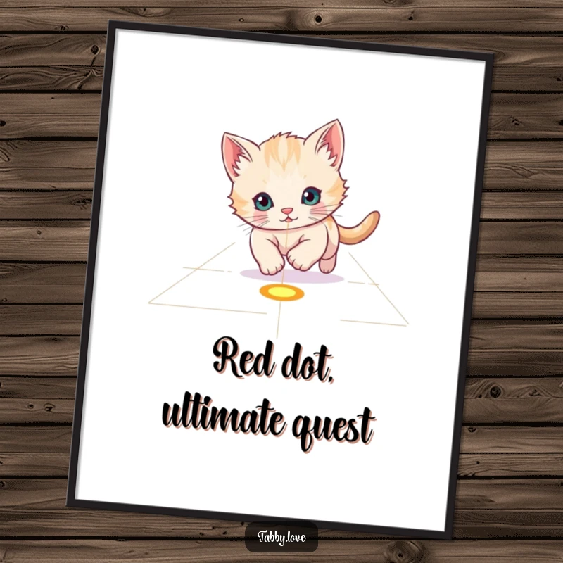 Funny Free Printable Wall Art: Cute kitten eagerly chasing a glowing laser pointer dot across a floor, capturing intense playful energy.