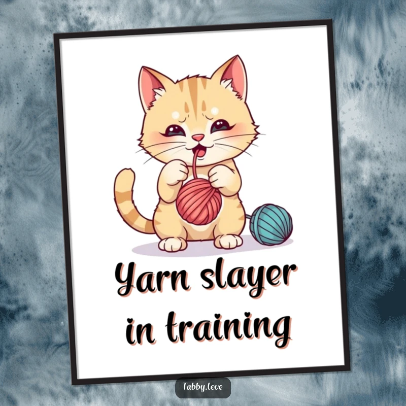 Funny Free Printable Wall Art: Energetic cat playfully batting at a dangling ball of yarn, creating a scene of delightful chaos.