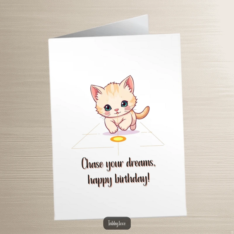 Funny Free Printable Birthday Card: Energetic kitten scrambling after a red laser dot on the floor, full of focus, perfect for print at home.