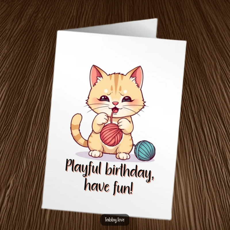 Funny Free Printable Birthday Card: Mischievous cat batting energetically at a ball of colorful yarn, mid-play, perfect for print at home.