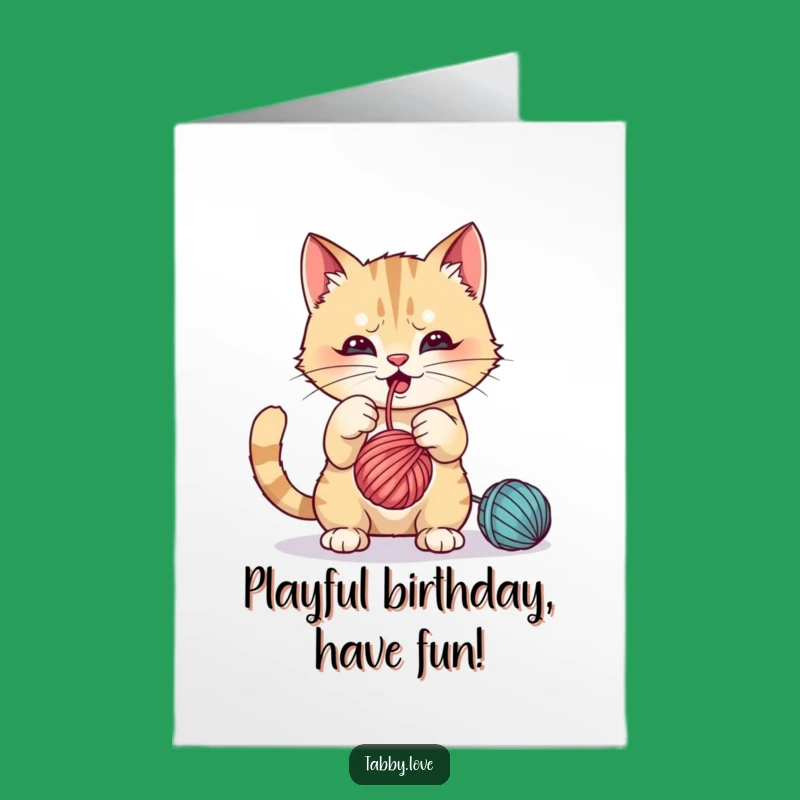 Funny Free Printable Birthday Card: Cat Yarn Play - Happy Birthday!