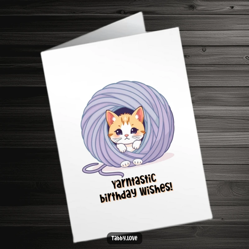 Funny Free Printable Birthday Card: A mischievous cat peeps from a massive ball of yarn, ready to pounce on the celebration.
