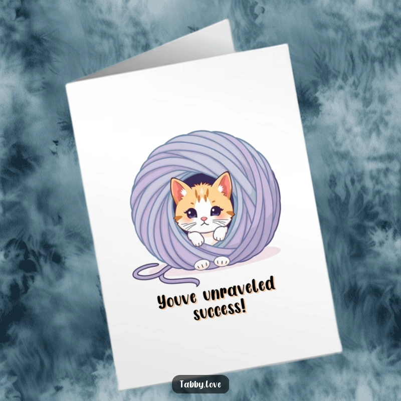 Funny Free Printable Congratulations Card: A cat peeks from a giant ball of yarn, surprised by your amazing success.