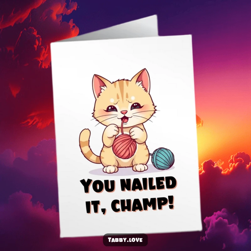 Funny Free Printable Congrats Card: Playful cat chasing and batting a dangling ball of yarn, full of energy, ideal for print at home.