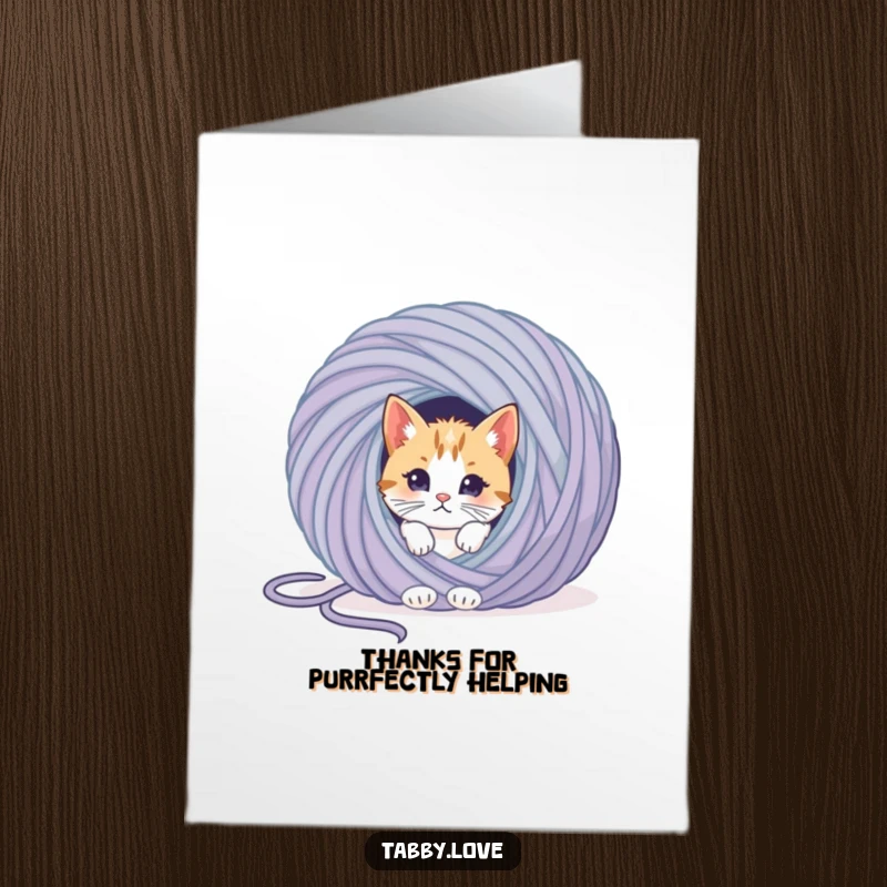 Funny Free Printable Thank You Card: A cat is hilariously caught in a giant ball of yarn, expressing thanks.