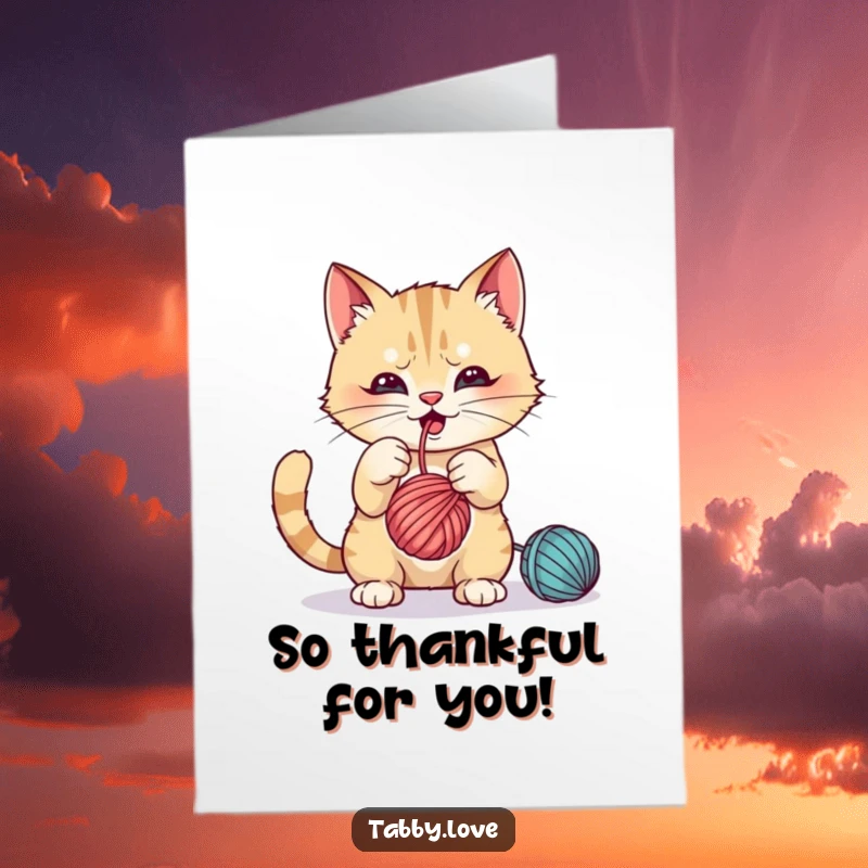 Funny Free Printable Thank You Card: Cute cat playfully attacking a ball of yarn, looking mischievous, perfect for print at home gestures.