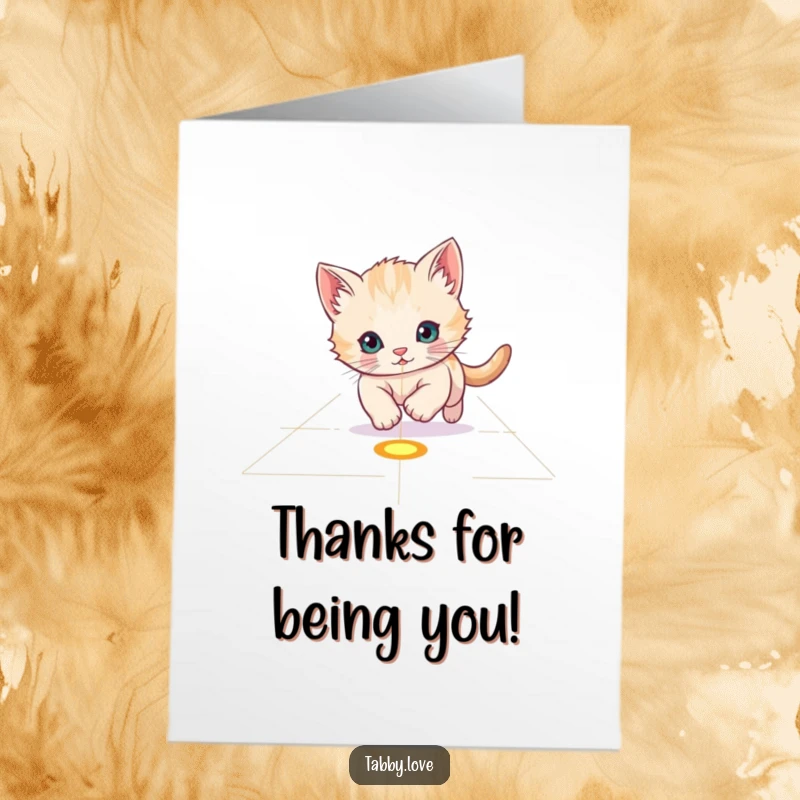 Funny Free Printable Thank You Card: Adorable kitten focused on a laser dot, mid-chase, expressing playful gratitude, great for print at home.