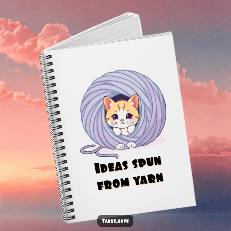 Funny cat notebook with a curious kitten peeking from behind a giant yarn ball, great for jotting down ideas.