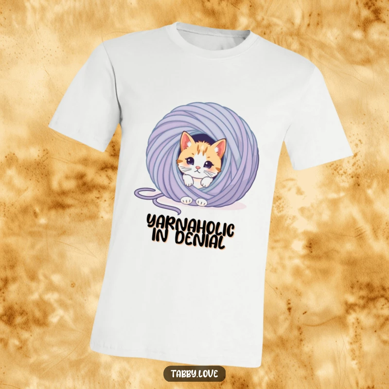 Funny cat t-shirt with a curious kitten peeking out playfully from behind a gigantic ball of yarn, looking mischievous.
