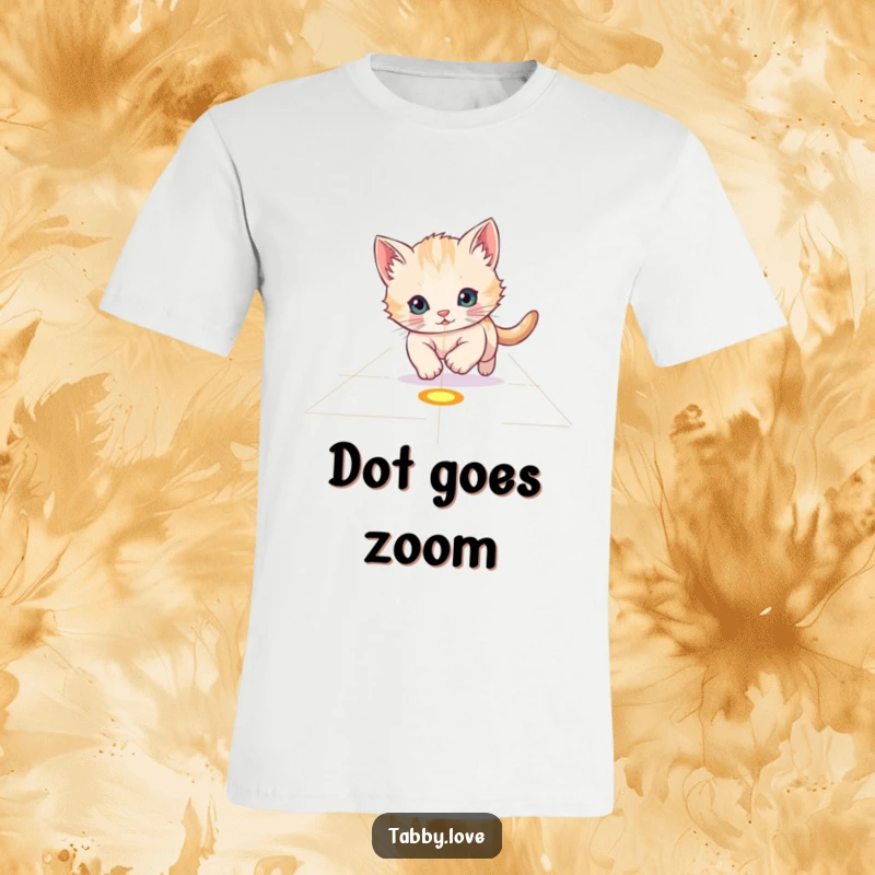 Funny T-Shirt: A playful kitten eagerly chasing a red laser pointer dot across a floor with intensity.