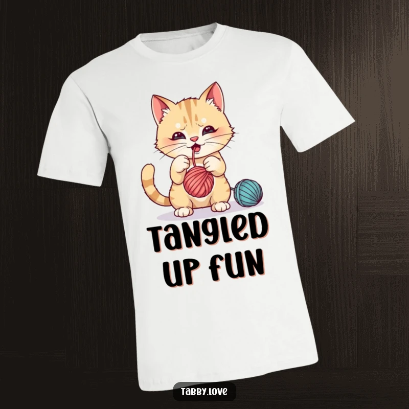 Funny T-Shirt: A mischievous cat batting playfully at a dangling ball of yarn, full of energy.