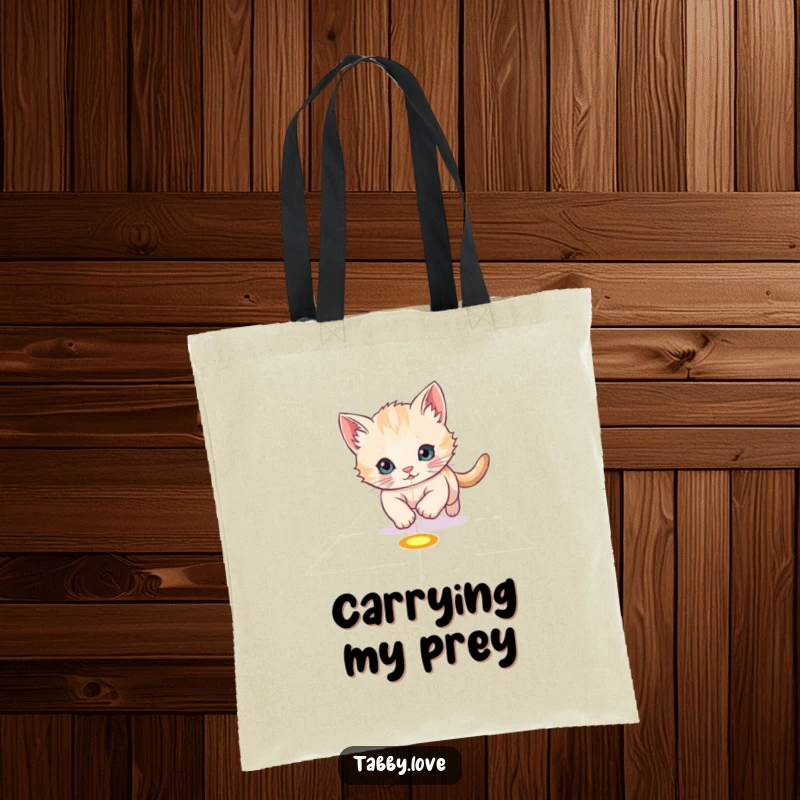 Funny Tote Bag: A playful kitten excitedly chasing a bright red laser pointer dot across a floor.