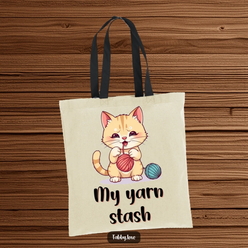 Funny Tote Bag: A mischievous cat batting playfully at a dangling ball of yarn with glee.